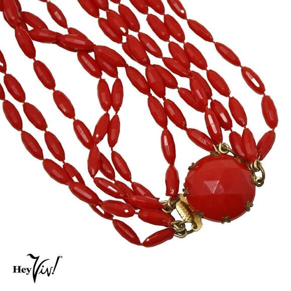 Vintage 1950s 6 Strand Red Faceted Bead Necklace Ornate Clip 20" Long - Hey Viv - Picture 3 of 6